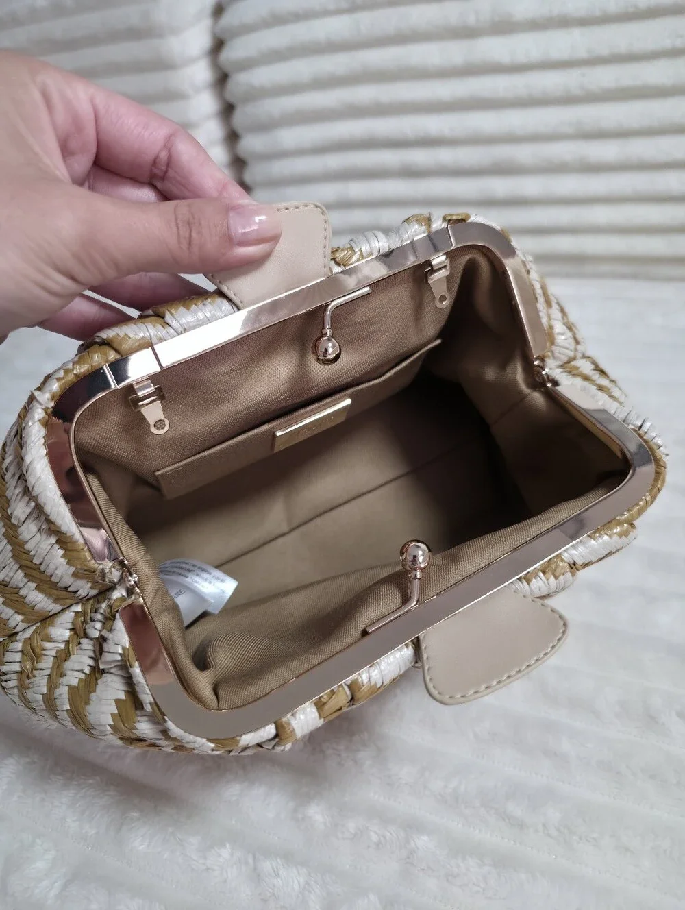 Badgley Mischka Jewel Tiger Raffia Pouch Clutch, One Size, Tan, Missing Chain